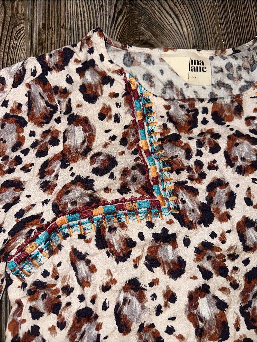 Savanna Jane Cream Leopard Print Blouse with Turquoise Trim Balloon Sleeves L - Picture 5 of 8
